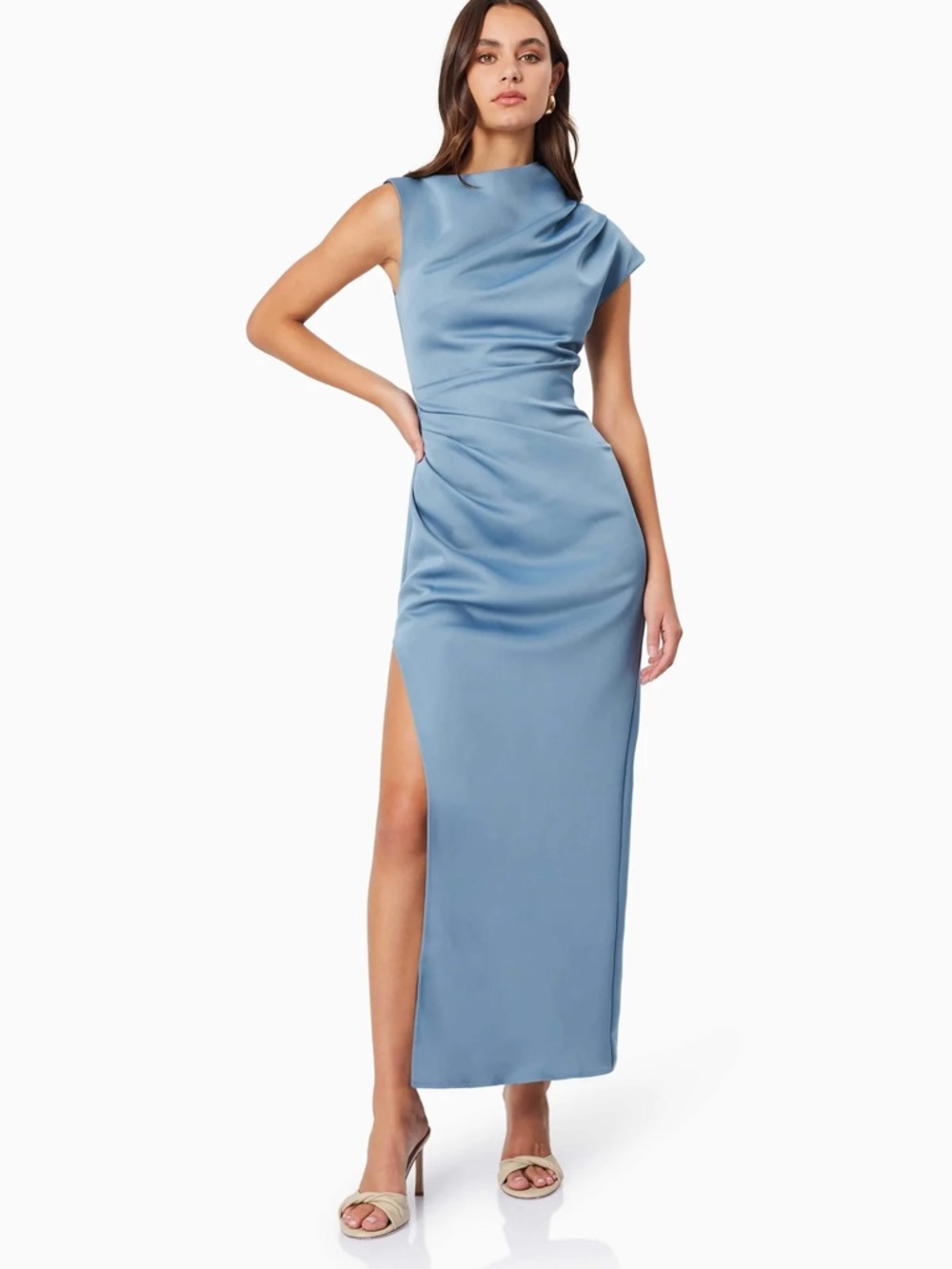 Elliatt Dusty Blue Satin One-Shoulder Gown - Picture 3 of 3